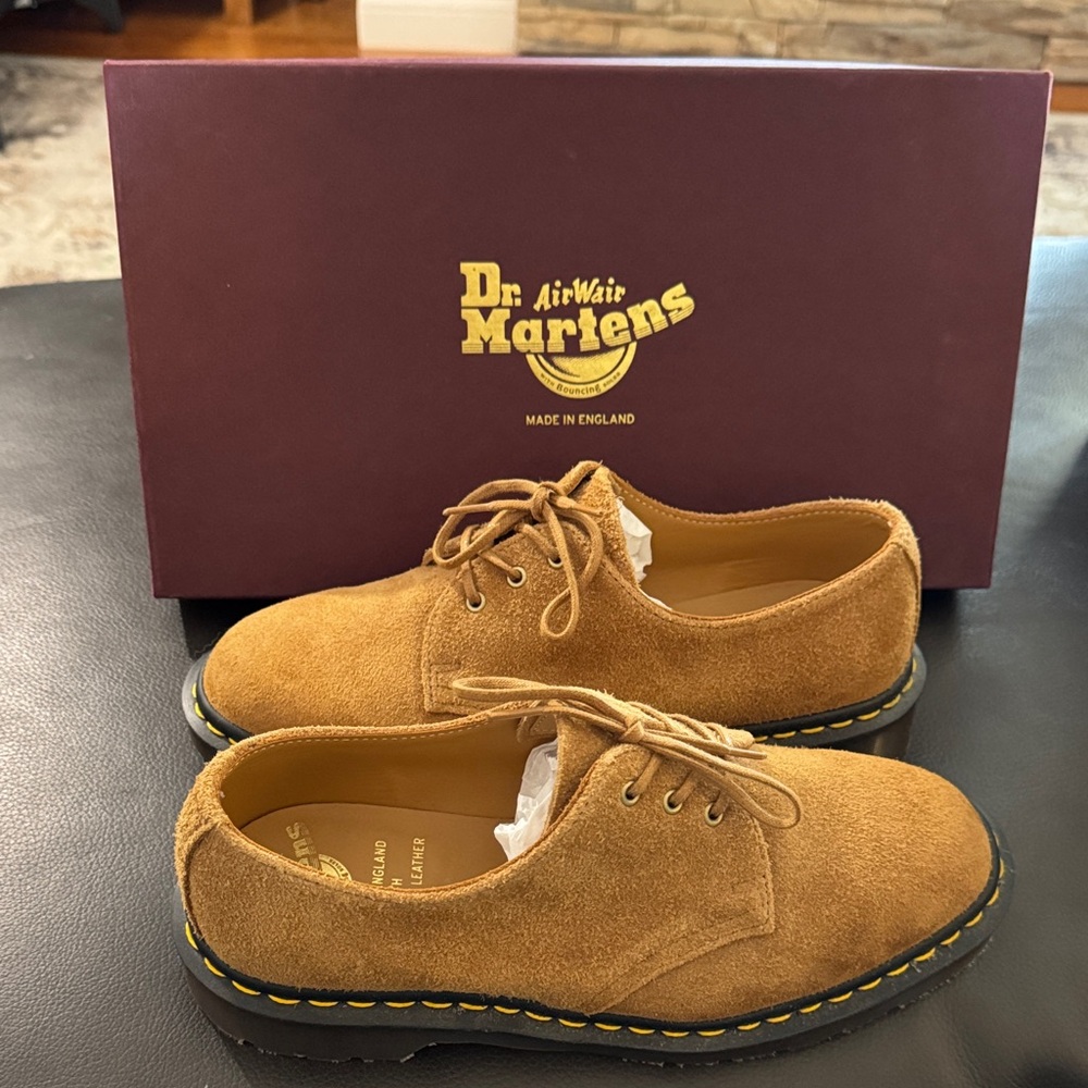 Dr. Martens Women’s Chestnut Suede 3-Eye Derby Shoes with Yellow Stitching
